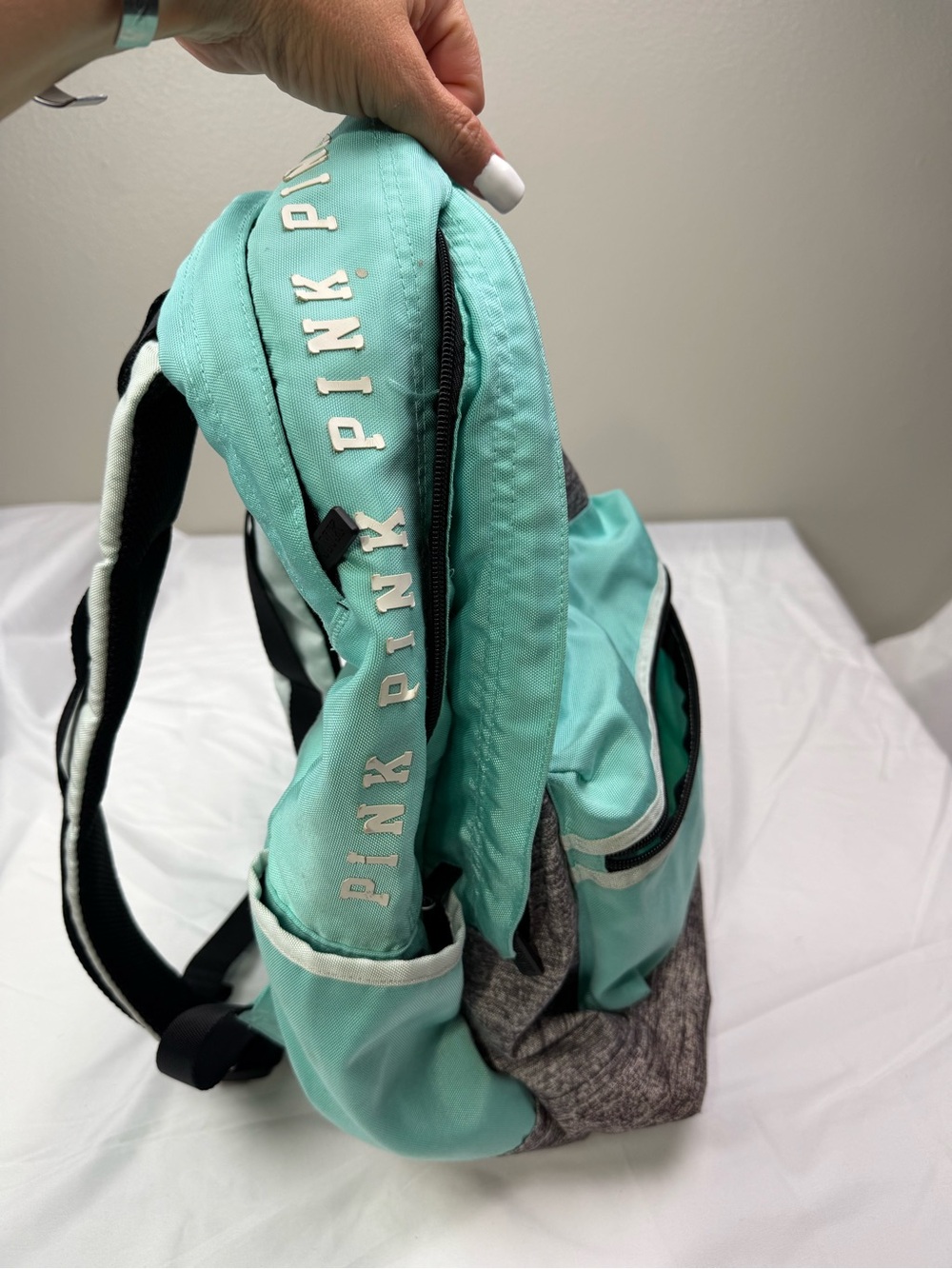 PINK Victoria's Secret Mint and Gray Kids Backpack - Picture 4 of 8